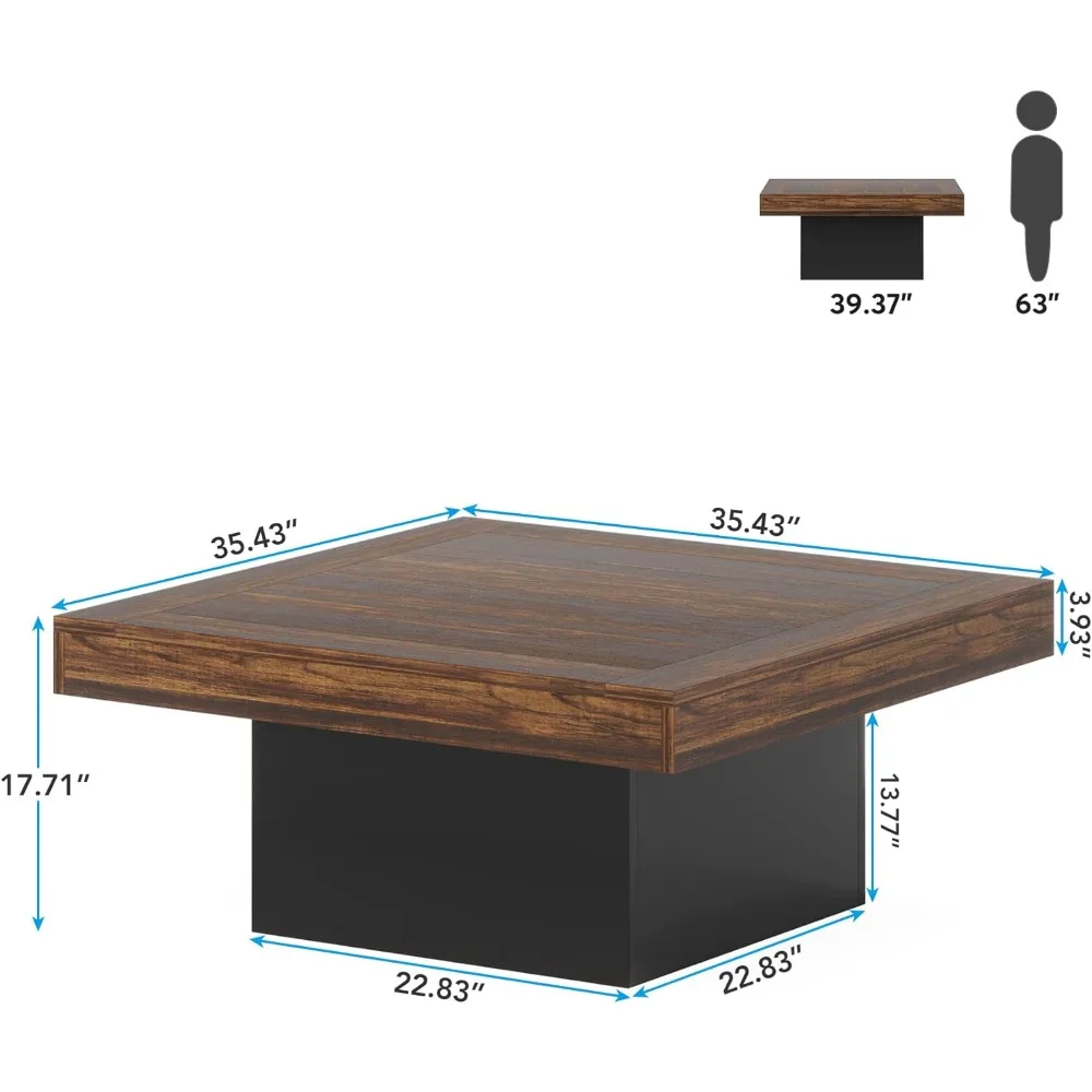 Farmhouse Coffee Table Square LED Engineered Wood Low Coffee Table for Living Room Rustic Brown & Black