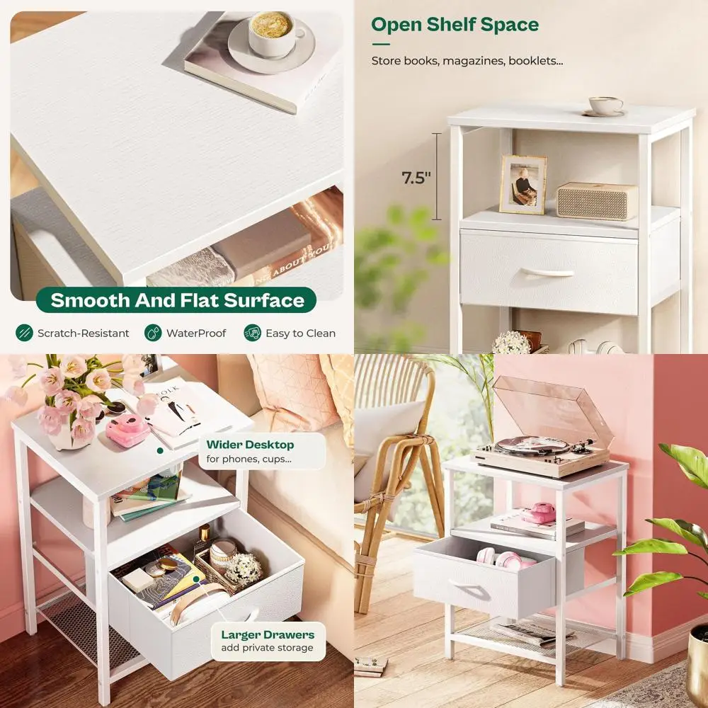 

Комплект из 2-х белых прикроватных тумбочек для спальни с тканевыми ящиками, сетчатыми полками и металлическими ножками