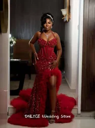 Glitter Red Prom Dreses 2026 Black Girls Beaded Halter Ruffles Crystals Sequins Evening Gown Birthday Party Dress Customized