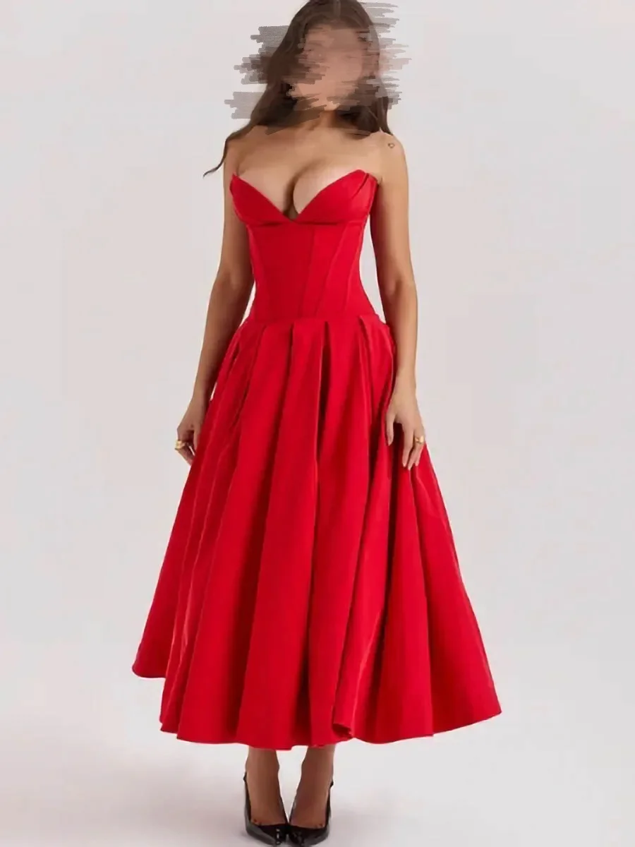 Suninheart Summer Formal Occasion Strapless Dress Sexy Elegant Fit and Flare Birthday Party Dresses Red Women's Clothing