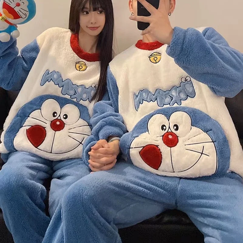 

2024 New Couple Pajamas Women'S Winter Thick Coral Fleece Cute Doraemon Cartoon Cute Couple Thickening Flannel Home Wear Suit