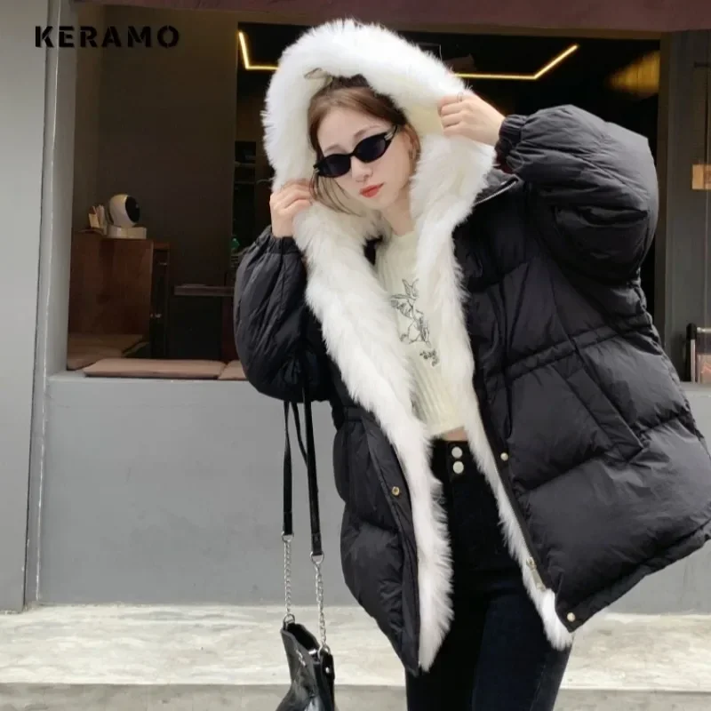 2024 Winter Korean Luxury Style Single Breasted Parkas Patchwork Jacket For Women Oversized Outerwear Fashion Warm Thick Coat