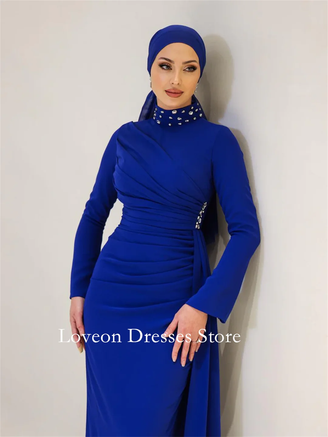 Alta pescoço crepe cetim formal vestidos de noite sereia mangas completas estilo árabe personalizado elegante baile de formatura crescidos festa feminina