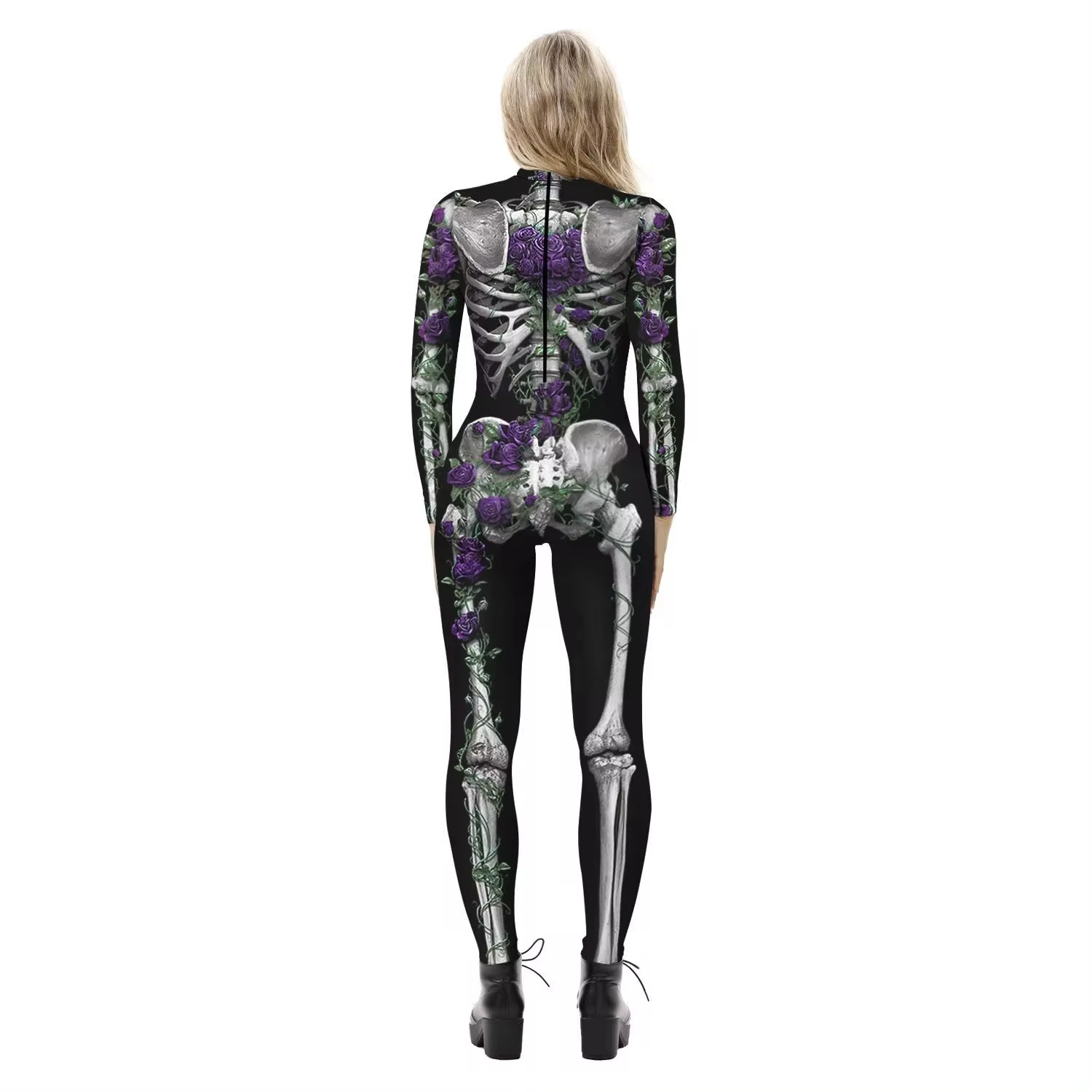 Frauen Halloween Cosplay Kostüm Erwachsenen Schädel Skelett Digitaldruck Langarm Rave Party Bodysuit Overall Outfits