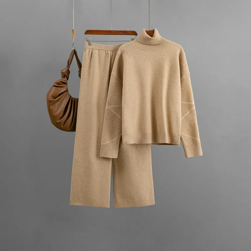

Fashion Knitted Turtleneck Sweater Pullover+Elastic Waist Pants 2-piece Set Autumn/Winter Women's Suit New Casual Loose Pant Set