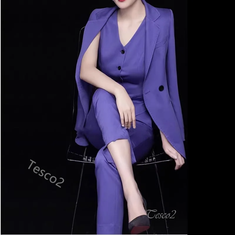 Tesco Fall Suit 3 Piece Blazer+Vest+Pants For Women Violet Elegant Slim Fit Office Lady Pant Sets 2024 Wedding Stage Outfits