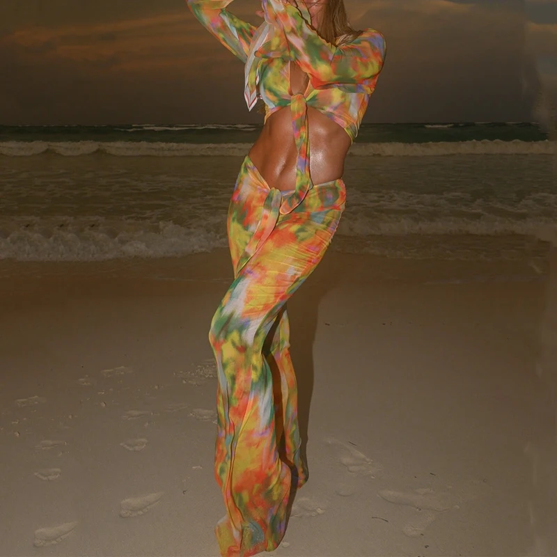 Zweiteiliger Sommer-Badeanzug mit Schnürung, 2023, Retro-bedruckter Netzbezug, Bikini-Badeanzug, sexy Langarm-Zweiteiler-Set, Neu