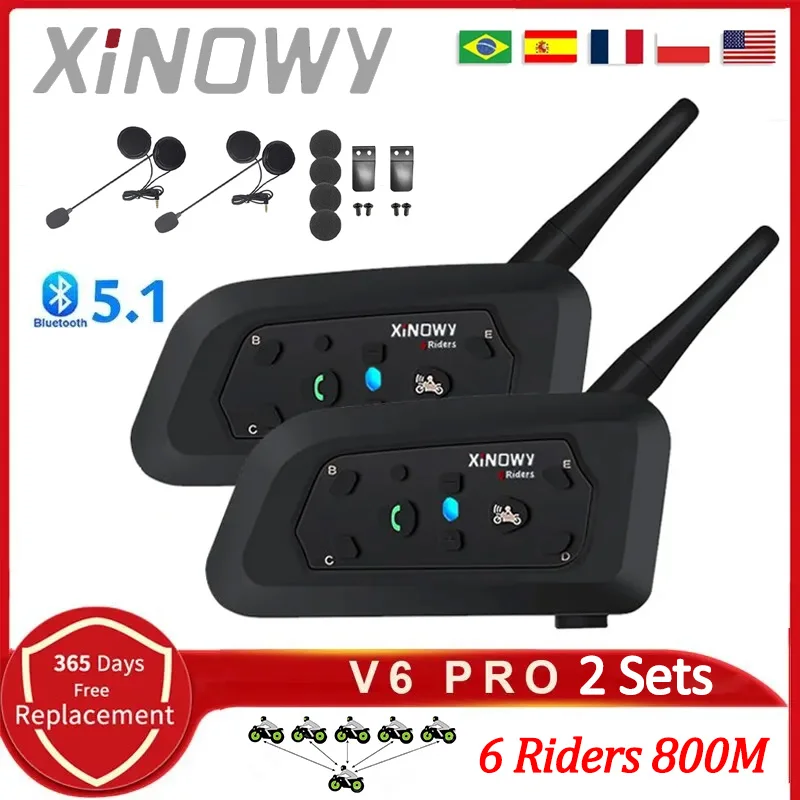 XINOWY V6 PRO 2PCS Motorcycle Helmet Headset Bluetooth Intercom Communicator 1200M For 2 Riders IP65 Waterproof Music Interphone