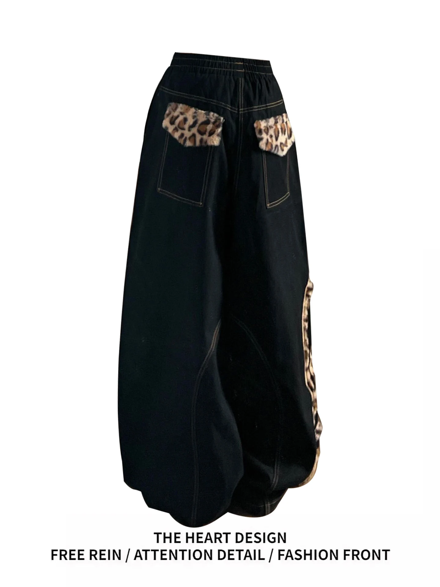 

Retro American Spotted Leopard Print Patchwork Jeans Women's Loose Wide Leg Casual Pants Autumn Winter New Design Bla