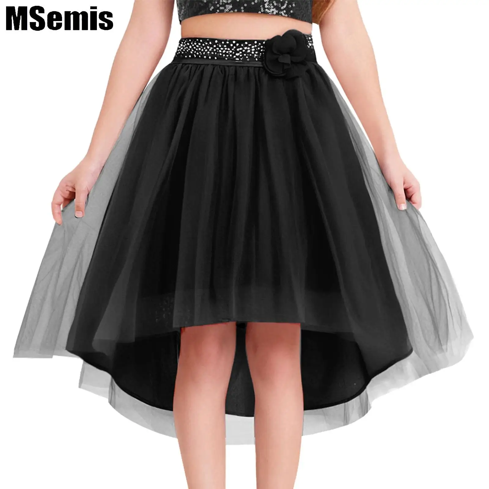 

Kids Girls Irregular Hem Skirt Elastic Waistband Solid Lining Fake Flower Decorated Tulle Skirt for Banquet Pageant Wedding
