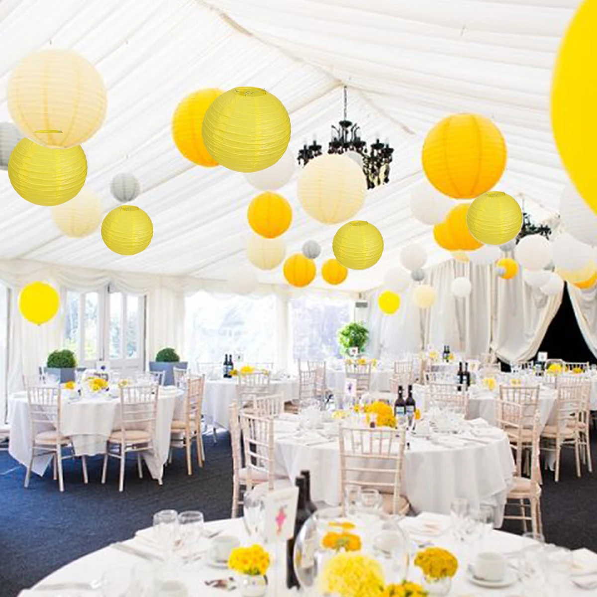 

Round Paper Lantern Set Foldable Decorative Hanging Reusable Non Woven Fabric Festival Home Shop Yellow Practical