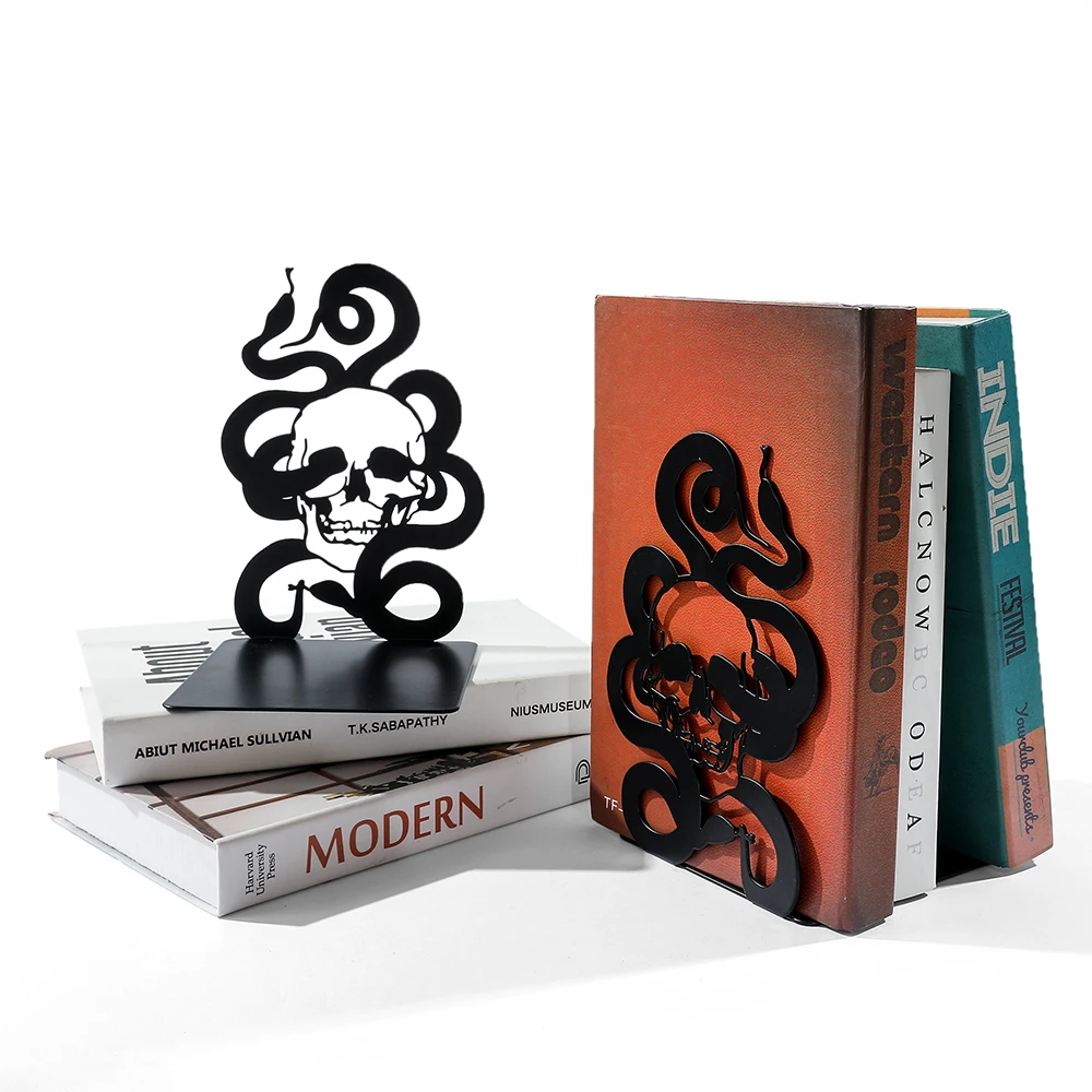 Gothic Horror Snake Skull Head Bookends Punk Dark Style Shelf Desk Decor Books Ends Support Stands Birthday Gifts for Men Boys