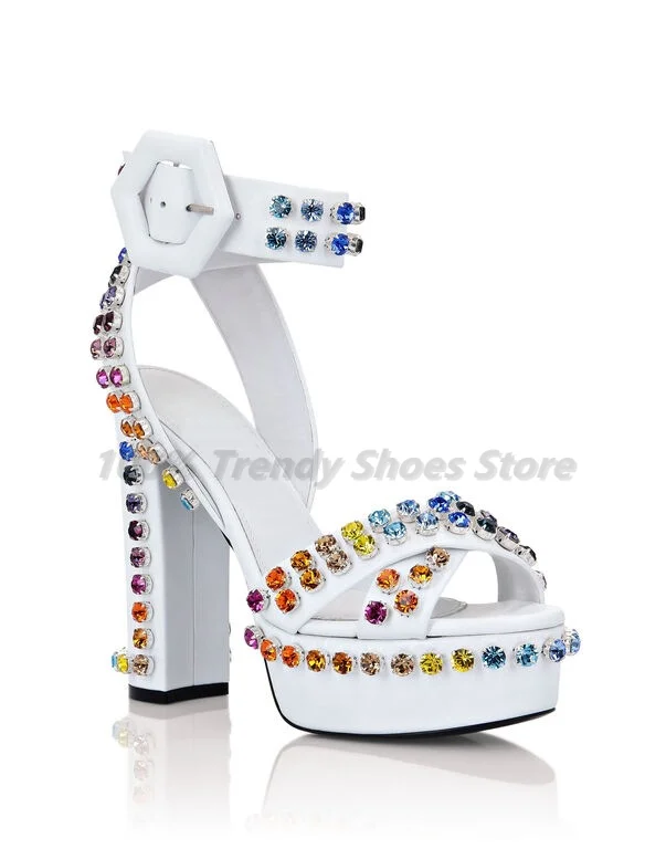 

Cross Border European and American Diamond Studded Metal Fashion Runway Coarse Heel Colored Diamond Open Toe Sandals Sandals