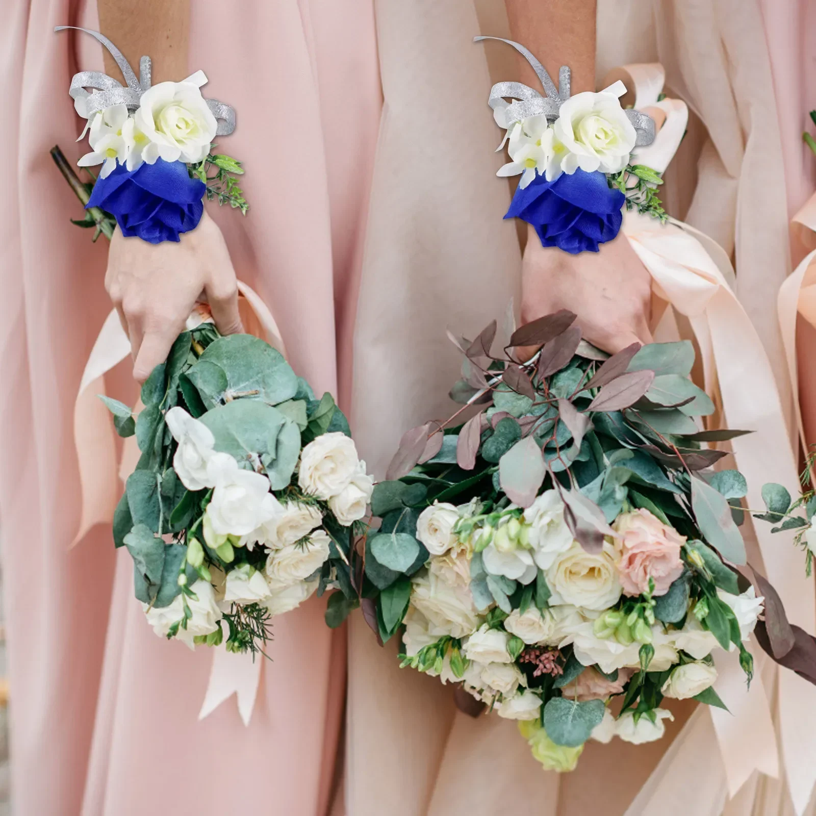 Flor de muñeca azul y ramillete, decoración de graduación, ramillete de rosas, conjunto de pulsera con ramillete de flores para boda, aniversario, fiesta de graduación