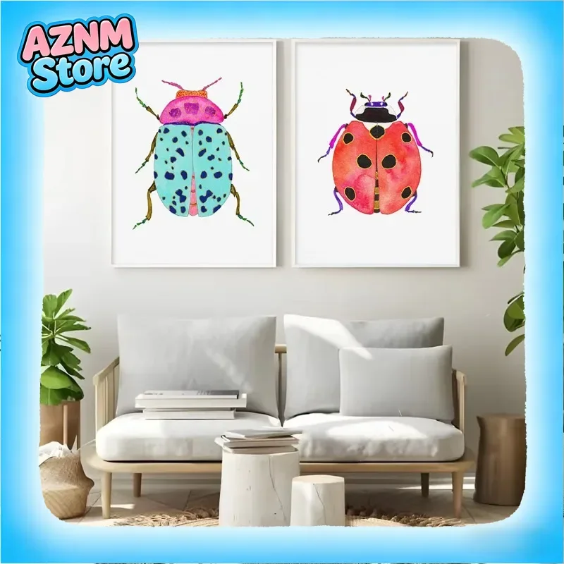 (1pc frameless)Watercolor Bug Beetle Ladybug Poster Print Colorful Insect Canvas Painting Nature Wall Art Picture Nursery Kid