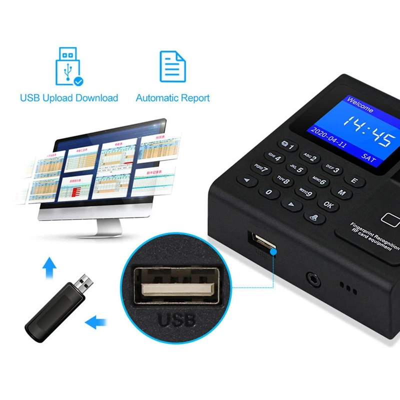 Fingerprint Electric Time Recorder com 10 cartões de controle de acesso, máquina, tempo, relógio, gravador, USB, Data Manager