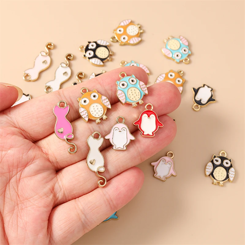 10 Stück niedliche, gemischte Emaille-Anhänger in Tierform (Katze, Eule, Pinguin) für die Schmuckherstellung, Halsketten, Ohrringe, Armbänder, DIY-Bastelbedarf – Detail 2