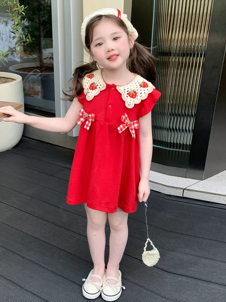 

Cute Sweet Girl's Red Stberry Doll Collar Fly Sve Dr with Bow Vest Summer Faion Kids Clothing Cotton Blend Fabric