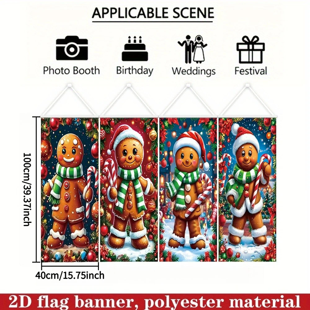 2D FLAT 4pcs Festive Gingerbread For Man Christmas Party Packs Banner Set - 16x39 Inch Polyester Door Hanging Door Decor