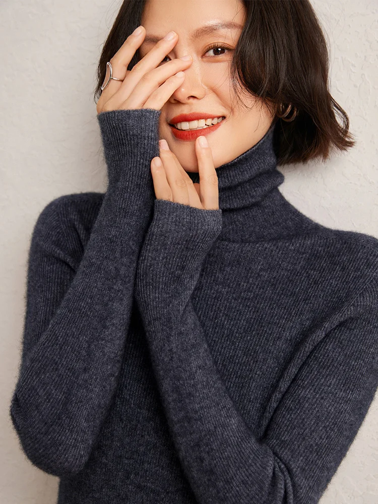 

12GG Stripe Turtleneck Slim Fit Bottoming Sweater Women's Pullovers 100% Cashmere Knitted Long Sleeve Soft 2025 Chic Solid Tops