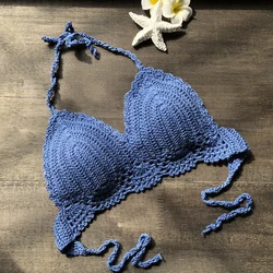 Top corto de Bikini de ganchillo para mujer, camisolas de playa bohemias sexys, Top Halter sin mangas, ropa de playa de verano, Sujetador de Bikini de punto, camisola de natación