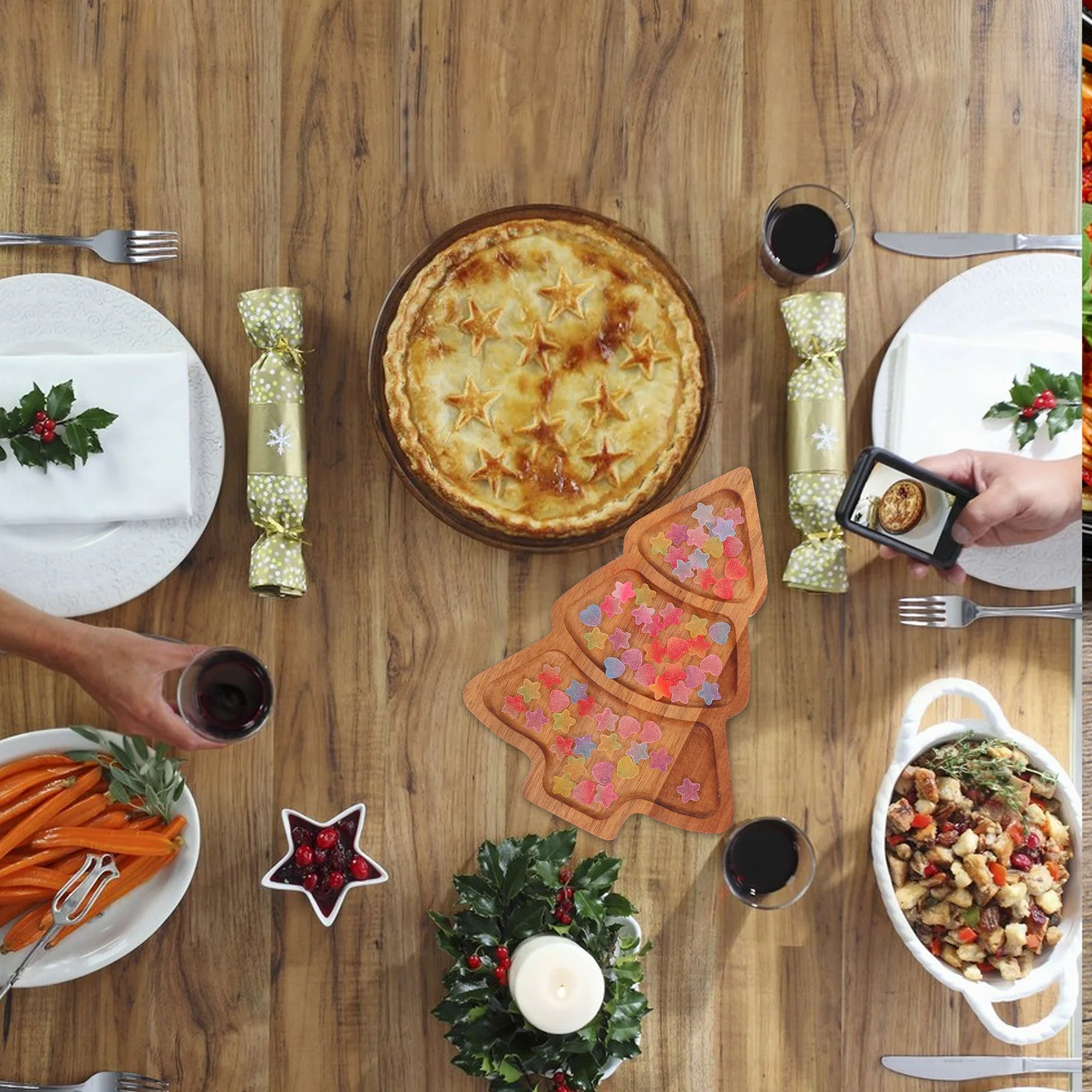 

Tree Shaped Serving Plate Natural Wood Christmas Dessert Tray Holiday Snack Board for Family Gatherings Nordic Style Decor