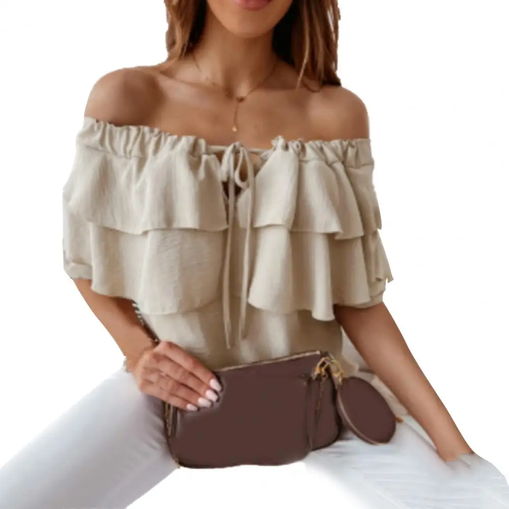 Women Fashion Slim Blouse Tops Fashion Solid Summer Off Shoulder Shirts Half Flounce Sleeve Chiffon Blouses Ruffles Tie-Up Tops