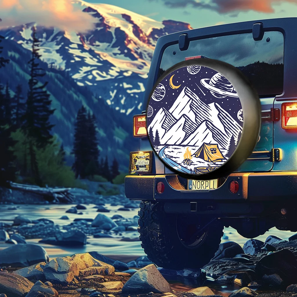 Mountain Camping Theme Polyester Tire Cover For Truck, SUV, Trailer, RV - Wheel Protector, 15 Inch Spare Tire Cover