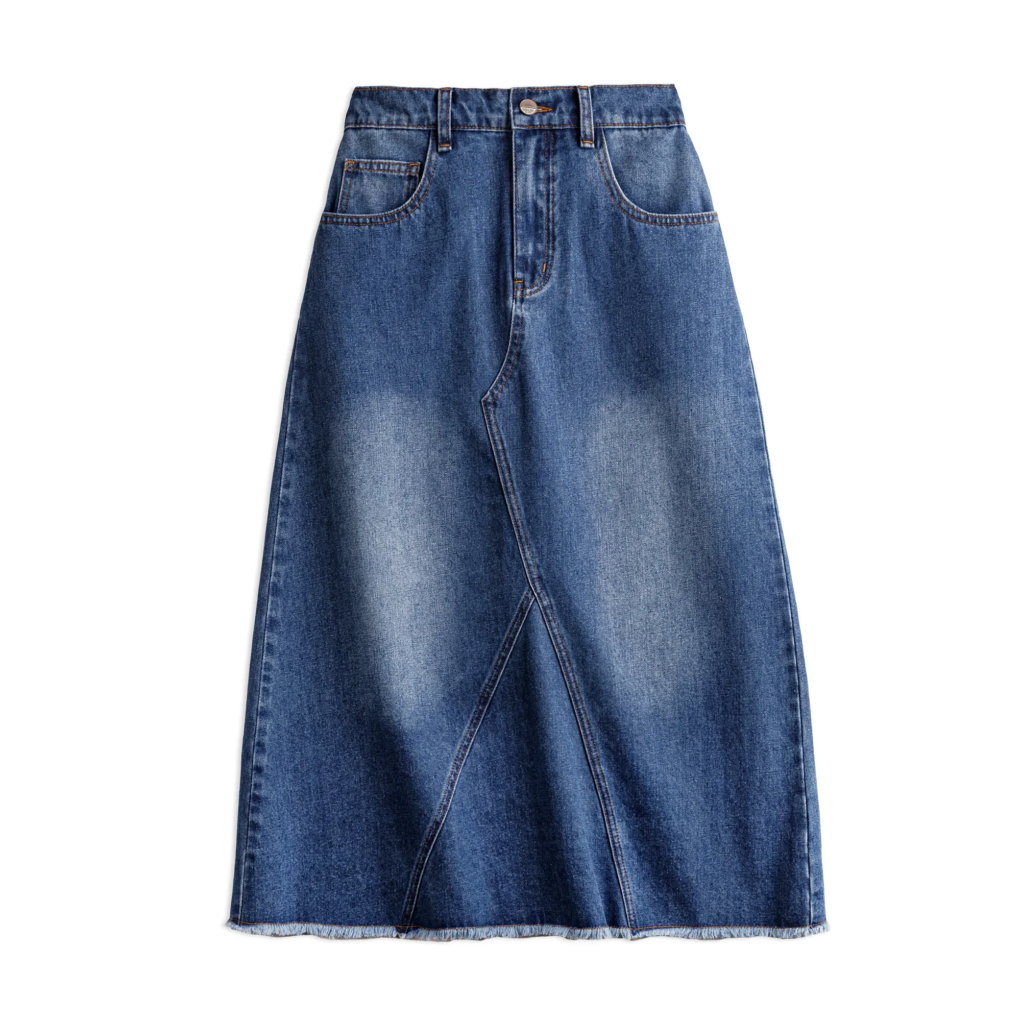 Maden-Jupe en jean bleu délavé vintage pour femme, jupe trapèze épissée de poche, personnalité polyvalente, robe en jean