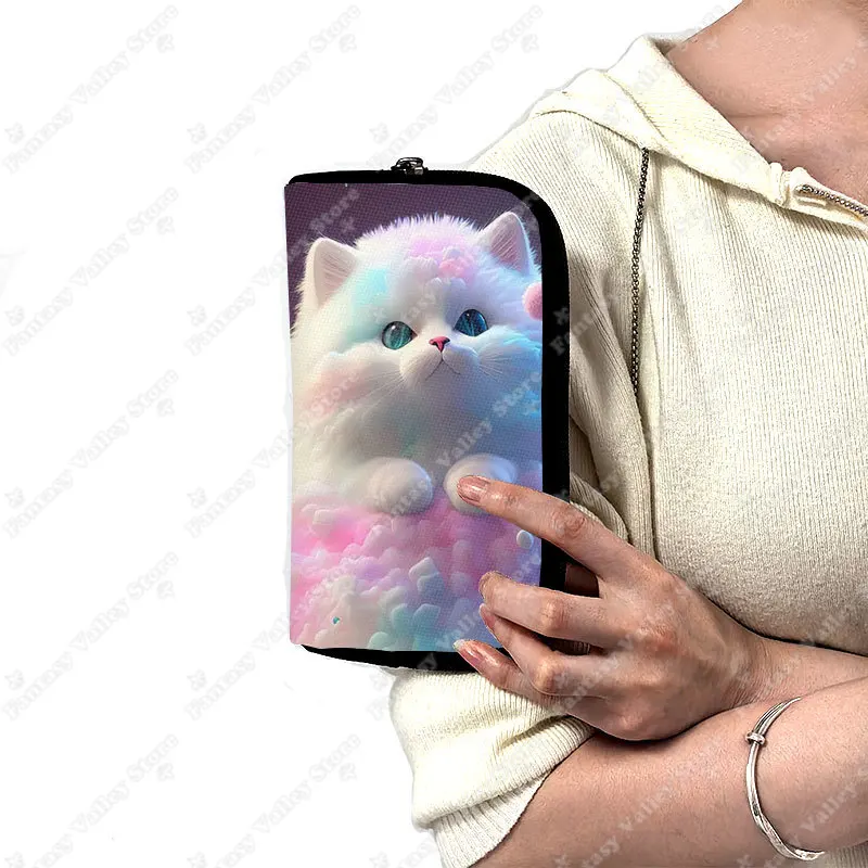 Cute Cat Print Long Wallet Felinae/Siamese Cat Women Purse Key Money Bag Credit Card Earphone Phone Holder Jewelry Organizer