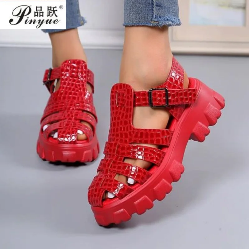 

Women Summer Fashion Gladiator Shoes Narrow Band Cross-tied Platform Square Heel Peep Toe Sandals Rome Sexy Mature Shoes 35-43