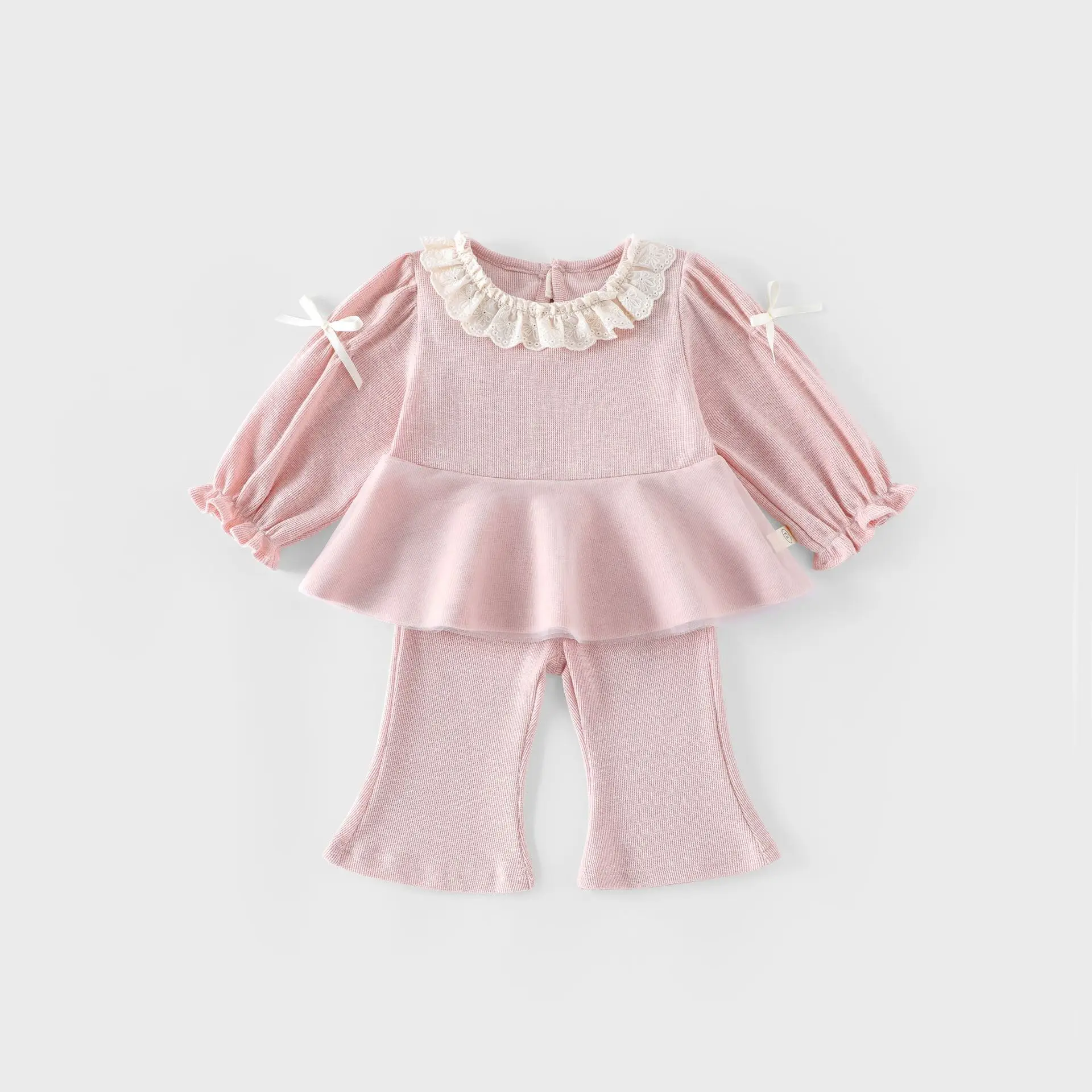

Baby Clothing Set Girls' Fashion Suit 2025 New Autumn Korean Gauze Bow Doll Shirt +Bell Bottoms Two-piece Suit