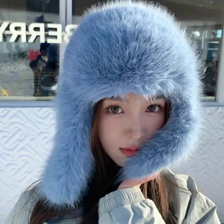 

New Winter Faux Sable Plush Hat Women Outdoor Furry Bomber Hats Thick Furs Windproof Ear Protection Warm Caps Ski Vacation Hats