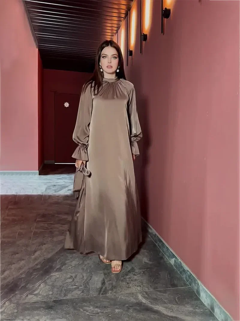 Eid Ramadan Muslim Dress Women Satin Lace-up Flare Sleeve Maxi Jalabiya Vestidos Largos Dubai Party Evening Dresses Summer 2024