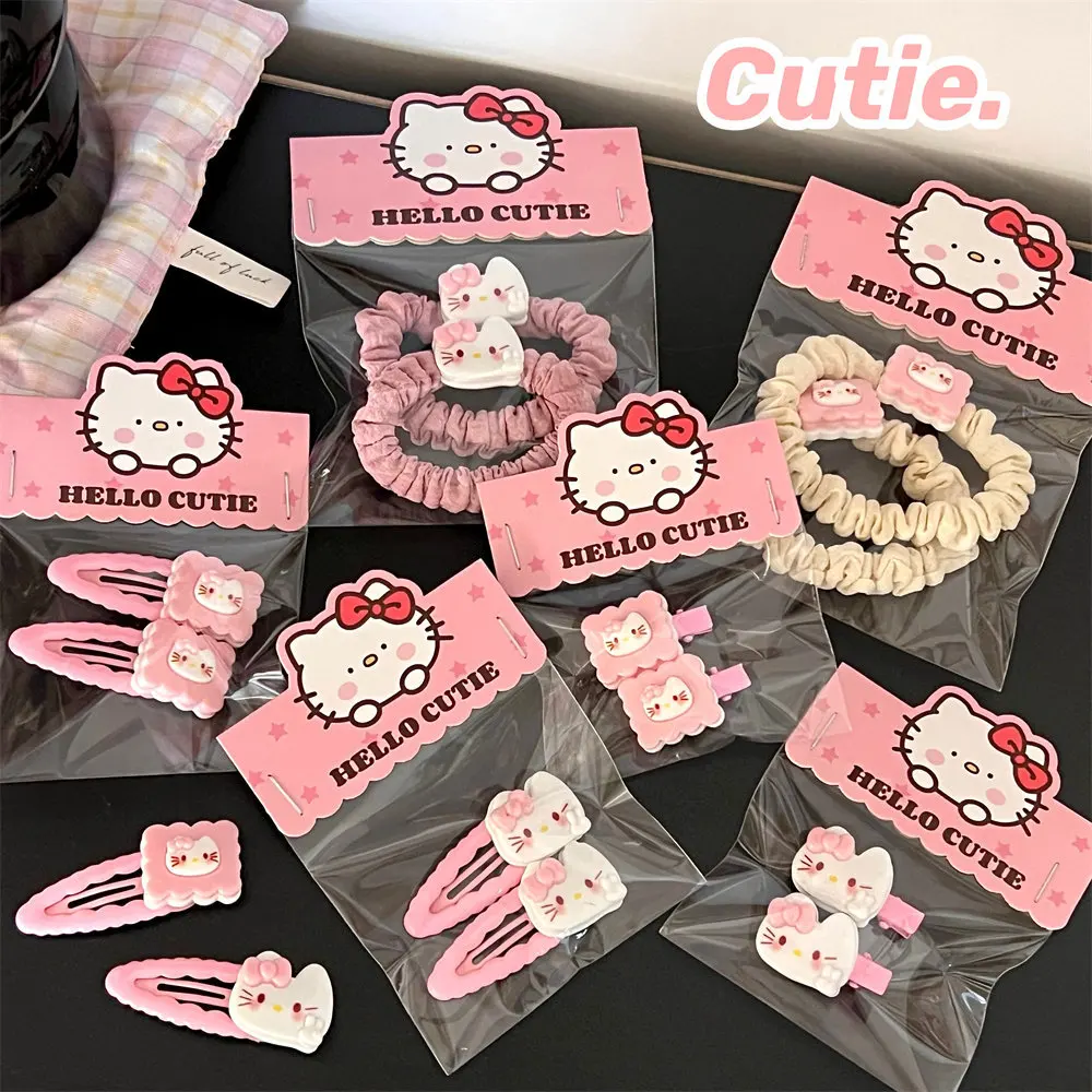 2Pcs/Set Sanrio Hello Kitty Girl Hair Clip Kawaii Hair Ties Anime Hair Ring Ornaments Hair Rope Cartoon HairClips Accessories