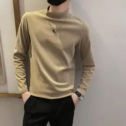 Autumn Winter New Fashion Half High Collar Long Sleeve Solid Men's Clothing Bottoming Shirt Casual All-match Loose Korean Tops