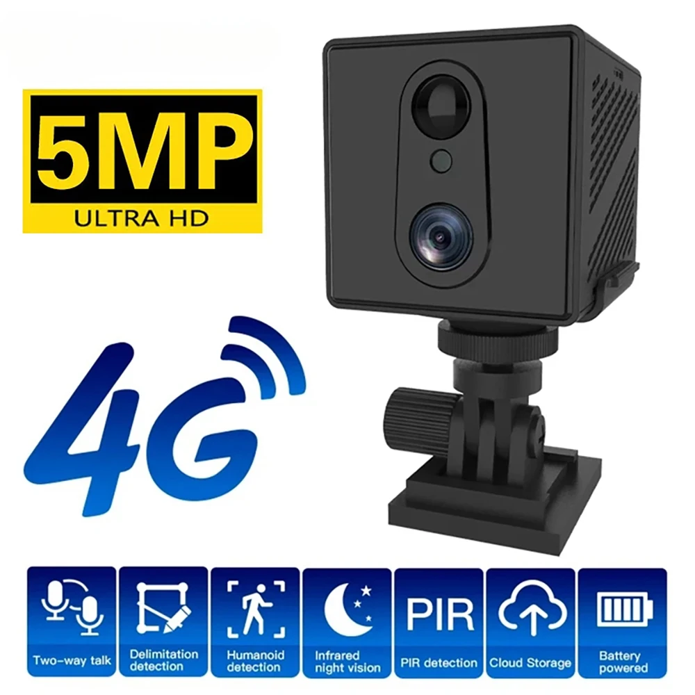 4G SIM Card Powered 5MP Mini Camera Indoor Night Vision Home Security Monitoring Cam with Rechargeable 3000mAh Battery