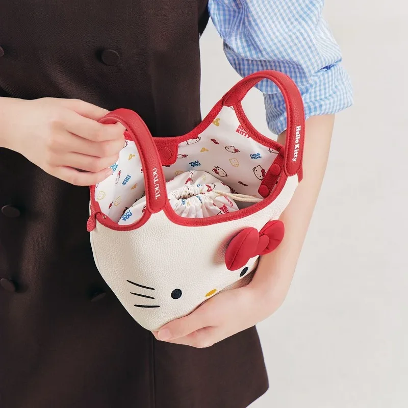 Cute Hello Kitty Perfect Match Cowhide Leather Basket Bucket Bag Kawaii Anime Women's Handbag Crossbody Girlfriend Birthday Gift