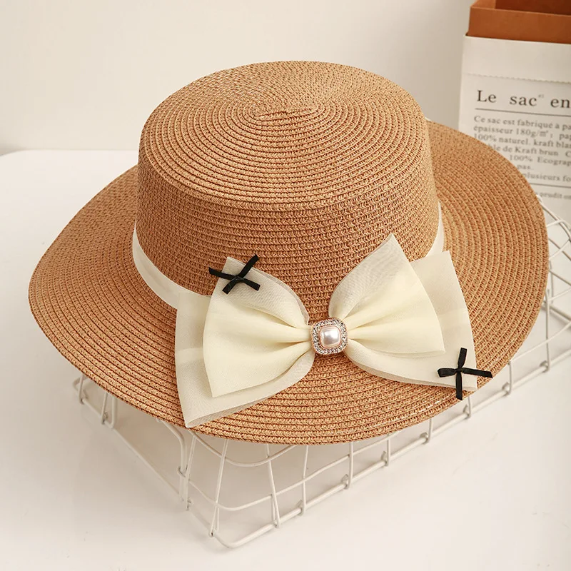 Straw Hat Women's Summer Sun Protection Straw Sun Hat Classic Style Pearl Bow Flat Top Vacation Beach Seaside Sunhat