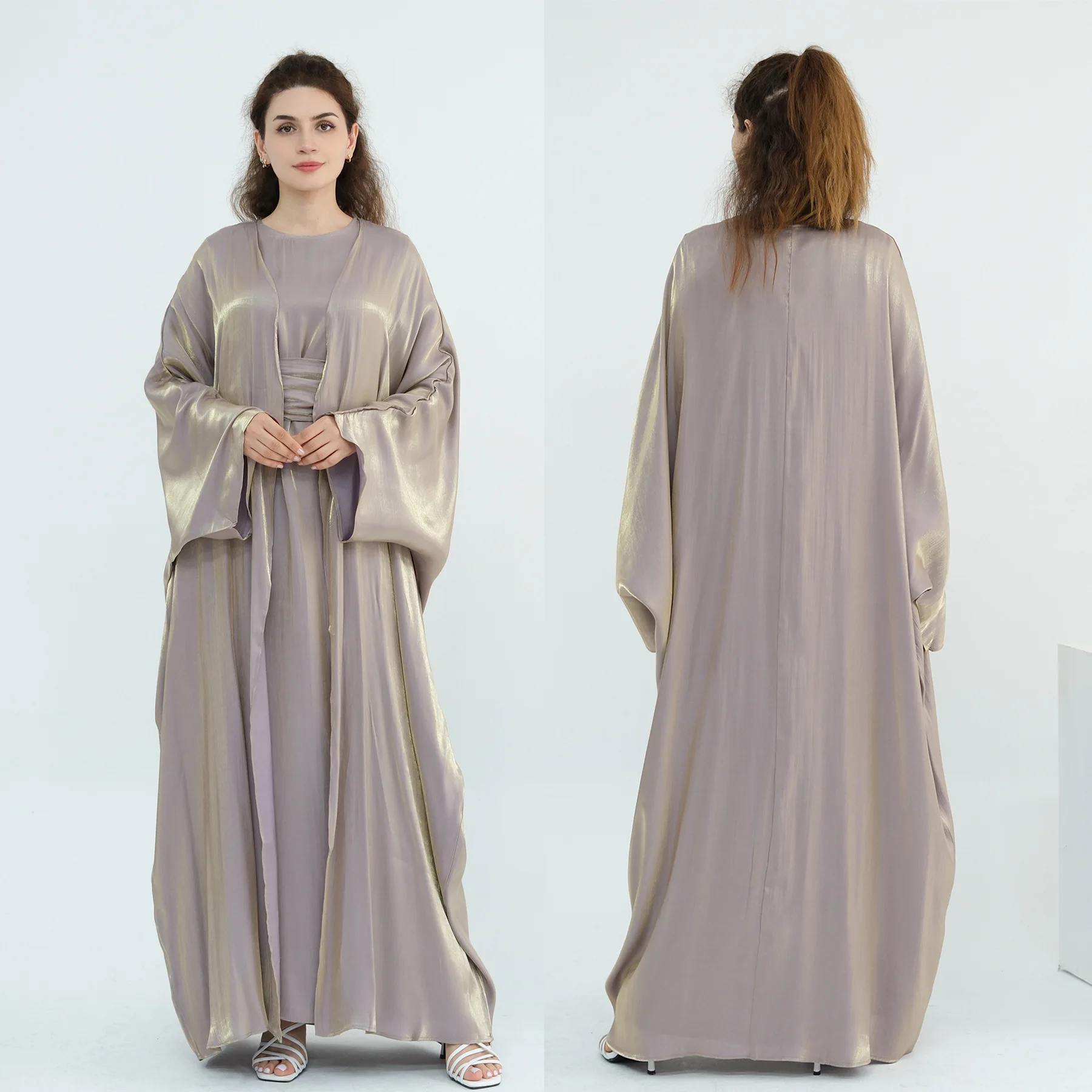 Dubai Kimono Aperto Abaya Glitter Set Musulmano Donne Abito Lungo Turchia Caftano Eid Jalabiya Femme Robe Islam Abbigliamento Kebaya Abiti