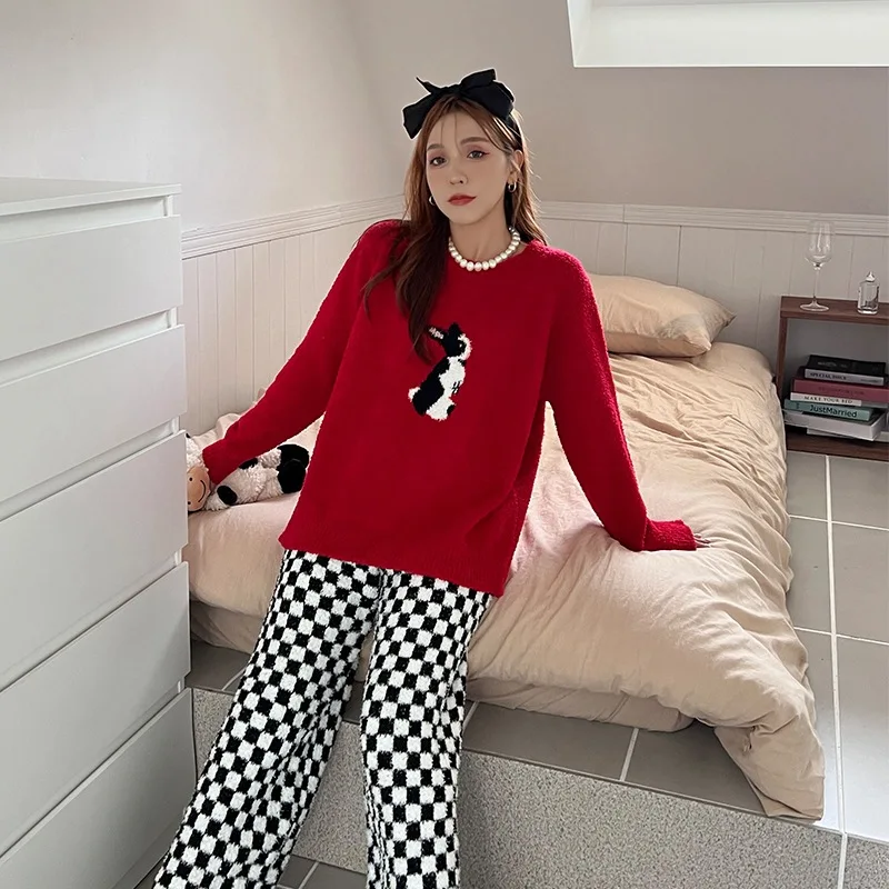 

Winter Women's Warm Elegant Flannel Sleepwear High-End Feather Yarn Luxury Night Wears Women's Suit Lady 2 pieces Set Pyjamas