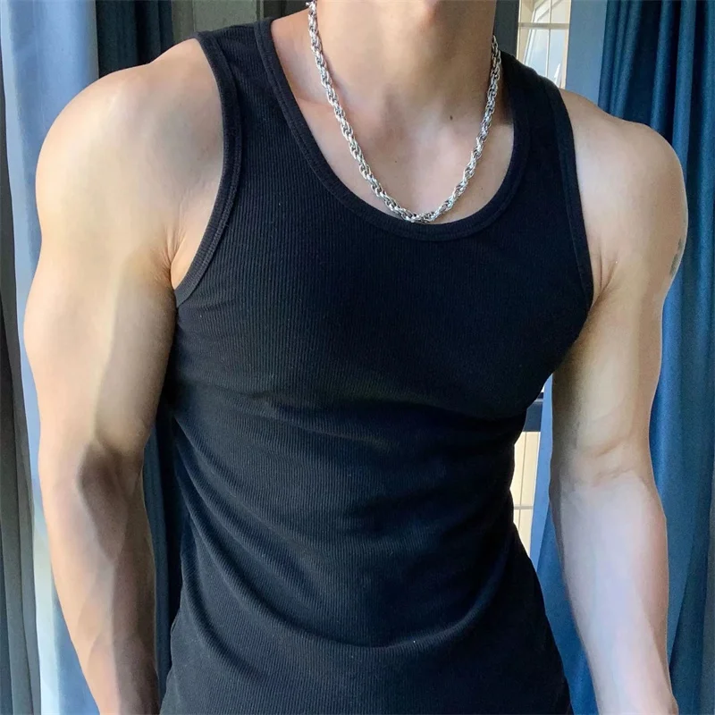 Vintage Stretch Slim Round Neck Tank Top Sleeveless T-Shirt Bottom Shirt Sports Sweat Absorbent Tough Fitness Men