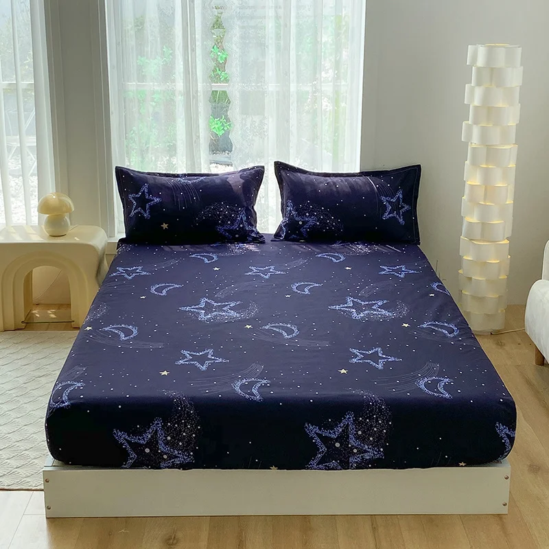 Blue Starry Waterproof Fitted Sheet Set Kids Teens Bedroom Cartoon Star Pattern Bedding with 2 Pillowcases Full Size Bed Cover