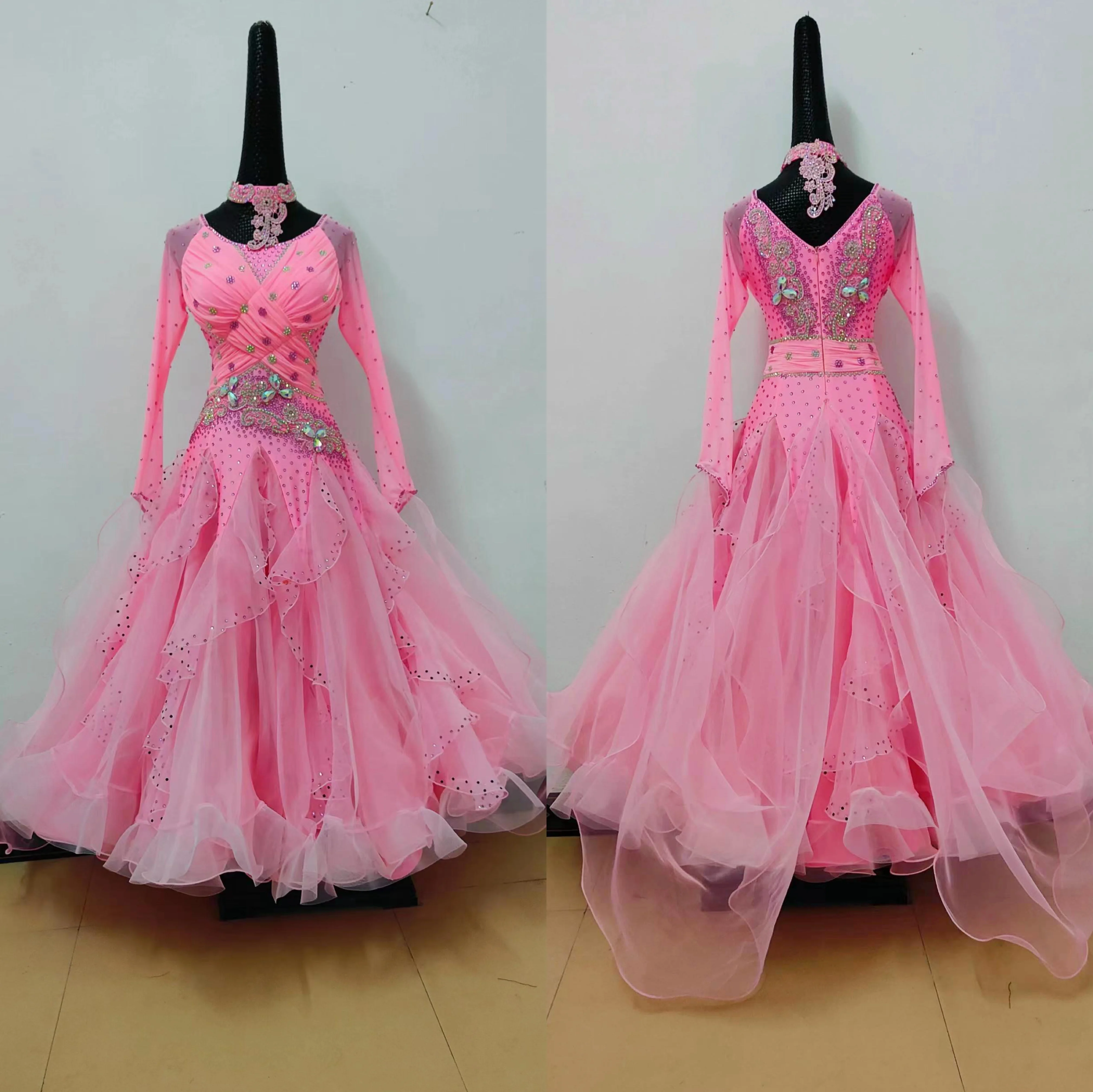 

Стандартное танцевальное платье для вальса, элегантное розовое блестящее бриллиантовое танго, костюм для бальных танцев, женские платья для бальных танцев