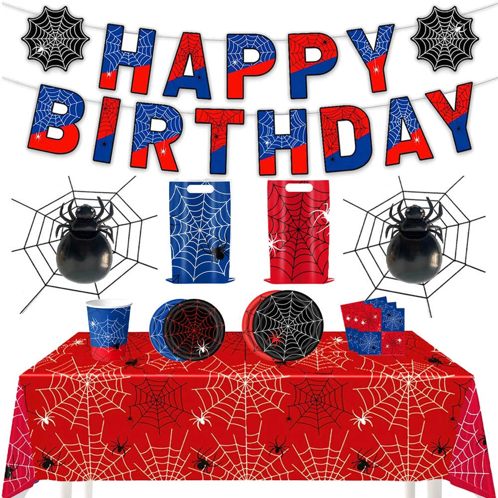 Spider Themed Party Tableware Plates Cups Tablecloths Spiders Aluminum Foil Balloons Spider Webs Flag Pulling Boys Birthday Part view 2