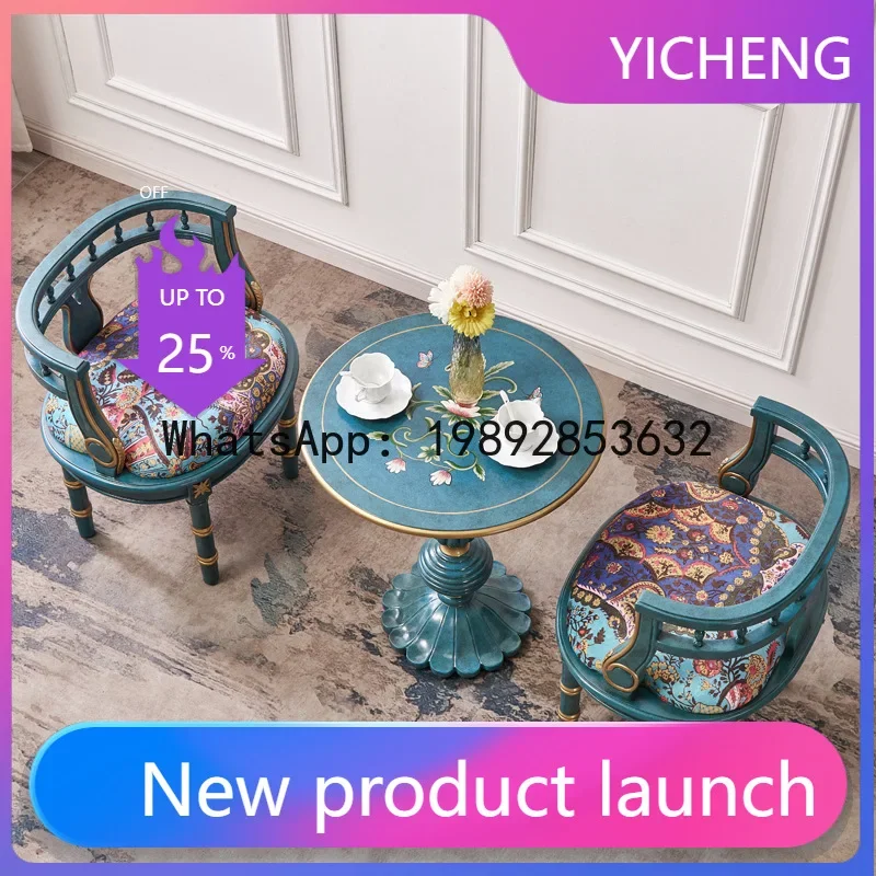H5.15  balcony three-piece set with one table and two chairs, French retro painted furniture, sofa chair, blue round table