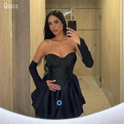 Qanz Black Modern Party Dress Sweetheart Long Sleeves Satin Cocktail Dresses Short A Line Vestidos De Graduación Customized