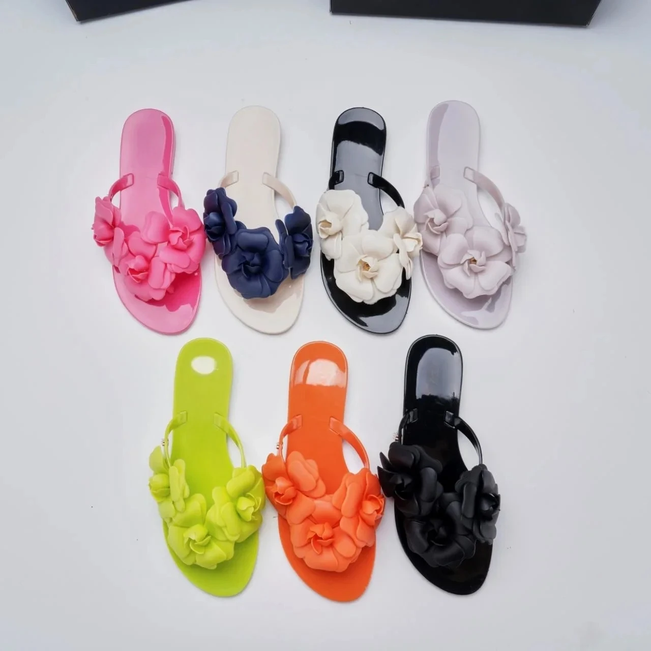 Mini Melissa Women's Jelly Shoes Brazil 3D Camellia Flower Flat Bottom Slippers Sweety Girls Candy Color Flower Beach Shoe Flip