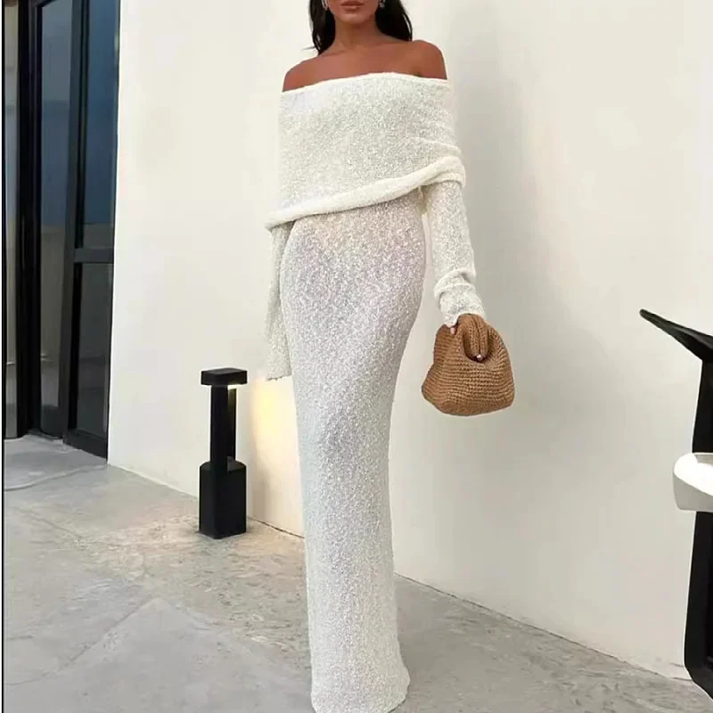 Elegant Women Off Shoulder Long Sleeve Knit Maxi Dress Slim Fit Hollow Out Sexy Bodycon Knitted Long Dress Party Evening Outfit