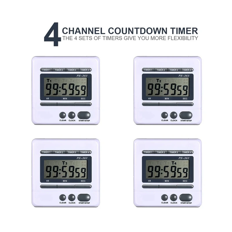 3X Digital Countdown Timer 4 Channel Count Up Down Kitchen Cooking Timer Clock